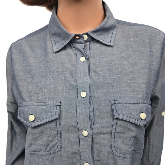 J. Crew Chambray Popover Tunic Shirt Women M Blue Long Sleeve Roll tab Button Up - Picture 4 of 12